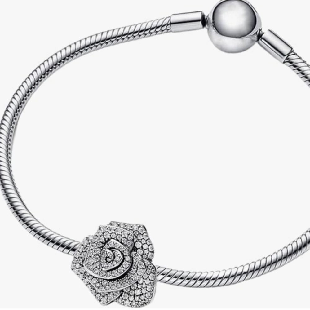 Sparkling oversized rose charm sterling silver fits Pandora bracelets necklaces - Picture 2 of 4